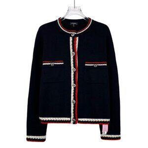 Chanel Black Cashmere Cardigan With Red & White Trim Button Front & Pockets Size